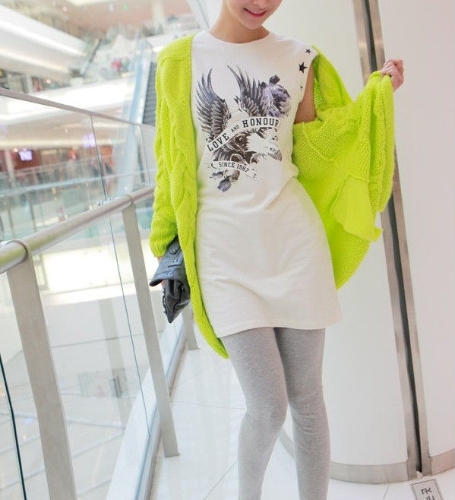 Korean Fashion Women Cardigan Candy Color Long Sleeve Sweater Knitwear Loose Coat Lime Green