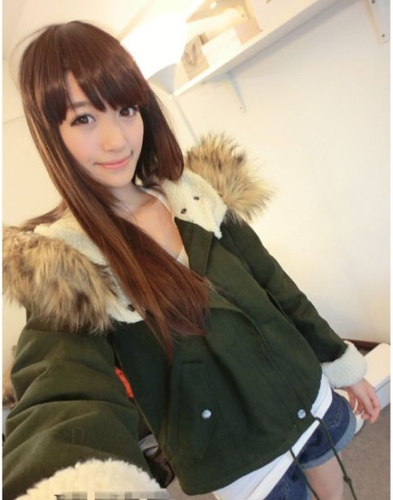 Fashion Women Thick Fleece Parka Faux Fur Hooded Outwear Winter Coat Army Green