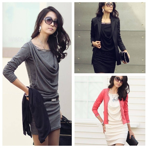 

Fashion Women Mini Dress Long Sleeve Slim Sexy OL Dress One-piece Gray