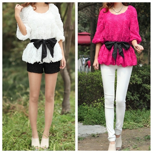 

Fashion Women Blouse 3D Rose Flower Mesh Lace Elastic Waist Pullover Tops Beige