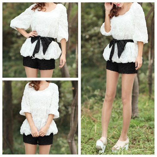 Fashion Women Blouse 3D Rose Flower Mesh Lace Elastic Waist Pullover Tops White