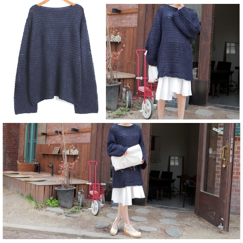 Fashion Women Knitted Sweater Round Neck Long Sleeve Pullover Loose Top Jumper Dark Blue