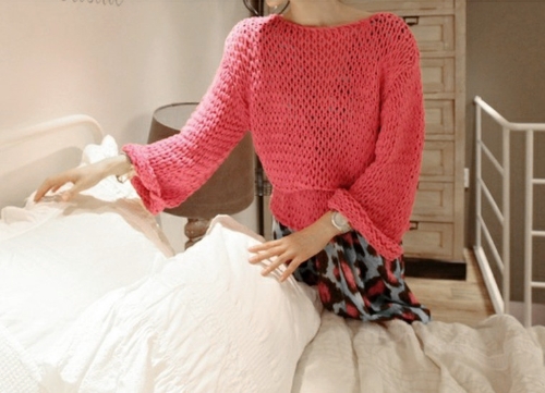 Fashion Women Knitted Sweater Round Neck Long Sleeve Pullover Loose Top Jumper Rose