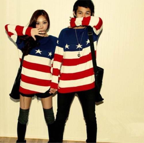 Fashion Women Men Knit Sweater American Flag Star Stripe Pullover Jumper Loose Top Lovers