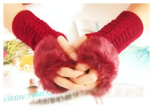 Fashion Winter Women Gloves Mitten Warm Knitted Fingerless Long Faux Fur Red