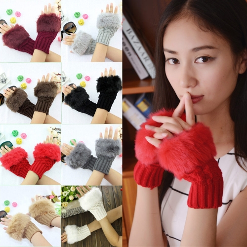 

New Fashion Women Gloves Faux Rabbit Fur Fingerless Knitted Warm Short Mittens