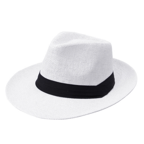 Fashion Men Women Panama Sun Straw Hat Contrast Ribbon Pinched Crown Rolled Trim Beach Cap