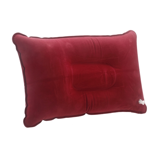 Double Sided Flocking Inflatable Pillow Suede Fabric Cushion Camping Travel Outdoor Office Plane Hotel Portable Folding Burgundy