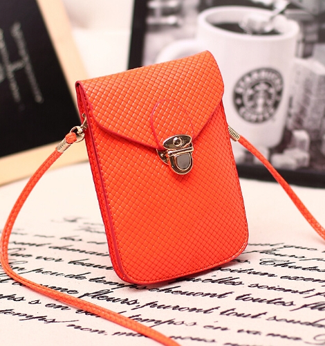 Fashion Women Mini Bag Cell Phone Bag PU Leather Plaid Purse Messenger Bag Shoulder Bag Orange