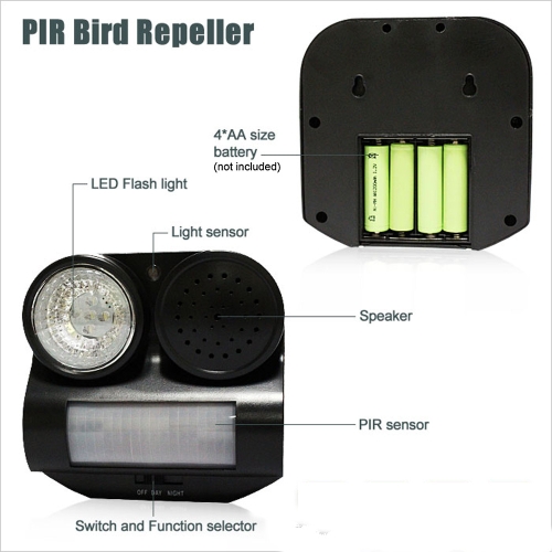 PIR Sensor Birds Repeller Sound Gunshot Flashlight 80 Square Meters