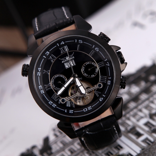 Jaragar Fashion Men's Automatic Mechanical Wrist Sport Watch Leather Band Roman & Arabic Numerals Date Day Week  Display Black