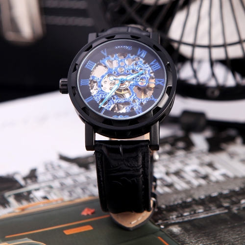 Winner Classic Skeleton Dial Hand Winding Mechanical Sport Army Watch for Men Hollow Transparent Dial with Leather Band Strap Black & Royal Blue