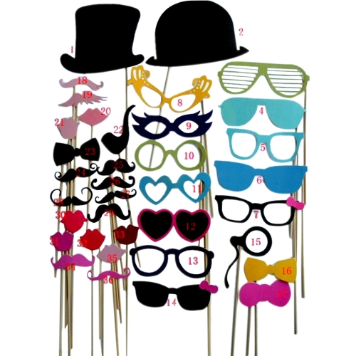 

36pcs Set Wedding Photo Props on a Stick Mask Beard Mustache Hat Glasses Lips Birthday Party Decoration