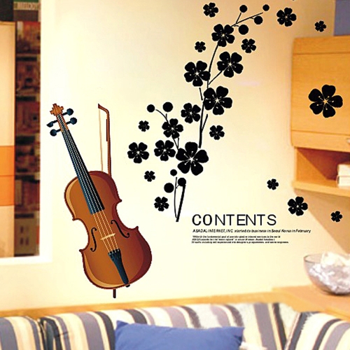 Violín hermosa flores extraíble Wall Stickers Arte Mural calcomanías bricolaje Wallpaper para vivir sala 45 * 65cm