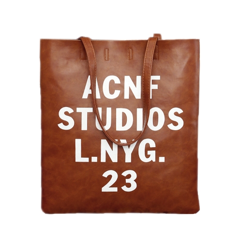 New Fashion Women Casual Handbags PU Leather Letter Printed Vertical Totes Shoulder Bags Brown