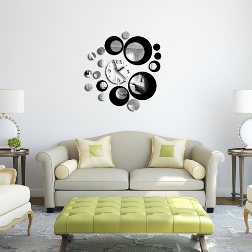 

3D Crystal Mirror Effect Wall Clock Set 15 Circular Composite DIY Modern Circle Design Black