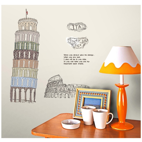 Torre inclinada de Pisa etiqueta engomada desprendible de la etiqueta de la pared para dormitorio estudio niños habitación decoración Arte Mural decoración 60 * 90cm