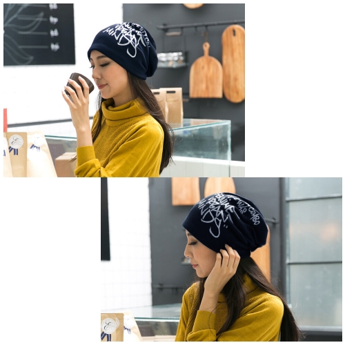 Korean Fashion Men Women Beanie Letter Print Hip-hop Unisex Knitted Hat Cap Headwear Dark Blue