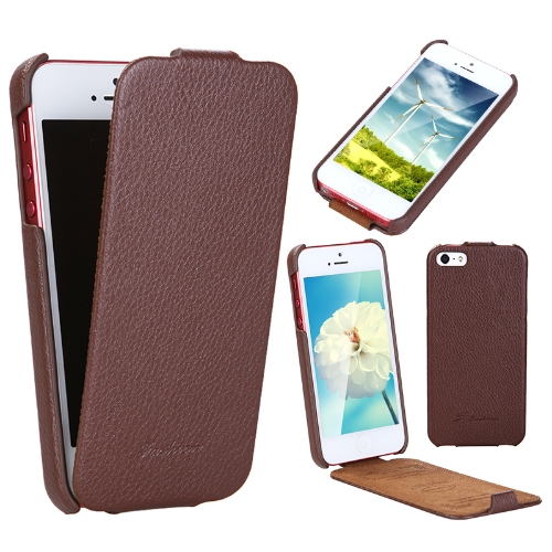 TOMTOP Mode luxe Flip Genuine Leather Slim Etui Housse pour iPhone 5 brun