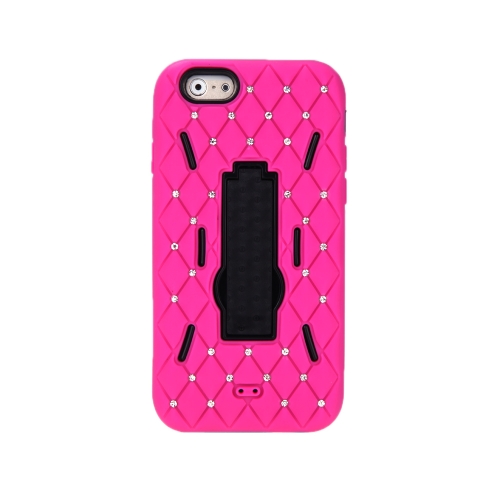 Destacável do Silicone de camada dupla & PC de volta caso casca protetora cobrem com decoração de cristal Bling Stand para iPhone 6 Rose