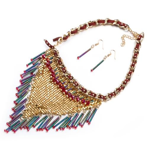 

Charm Vintage Sequins Pendant Chain Crystal Choker Necklace with Earrings